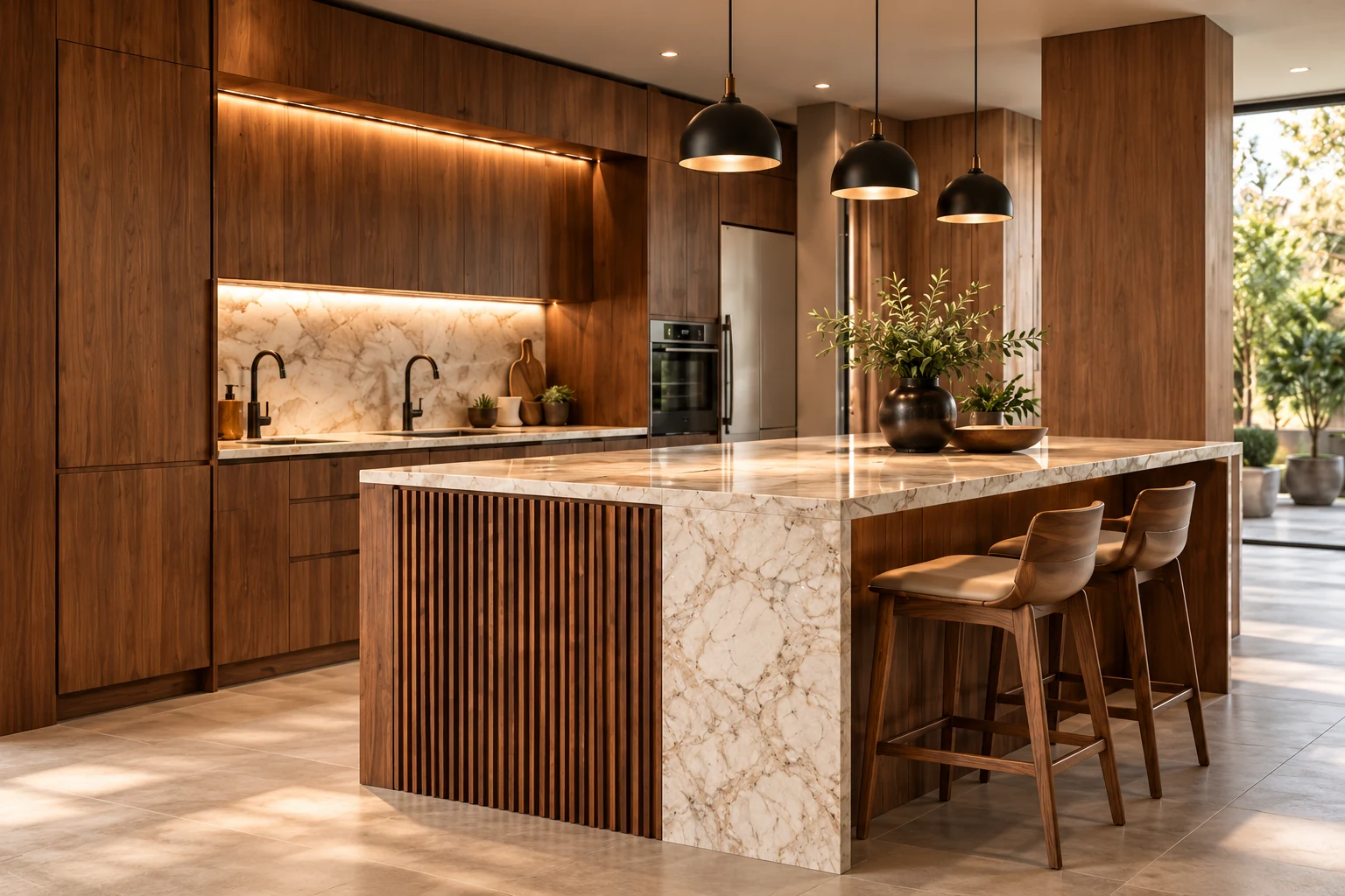 Inspiración de cocina integral en nogal con isla de piedra e iluminación cálida
